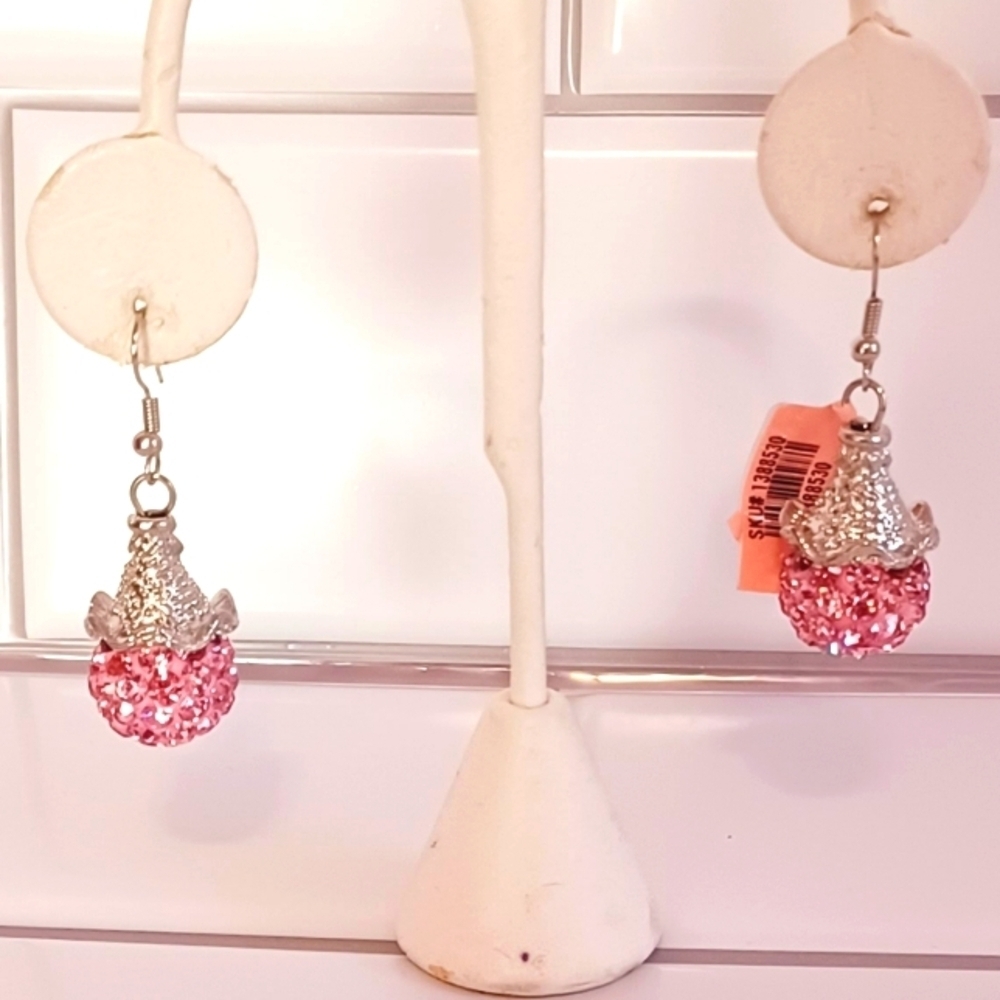 Disco Ball Austrian Crystal Drop Earrings Pink